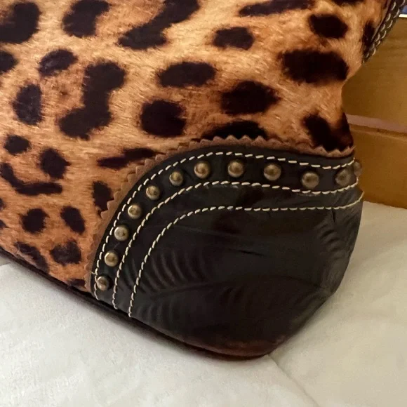 American West Vintage Leather Handbag Tooled Leather/ Animal Print Hair On/Studs - Picture 4 of 15
